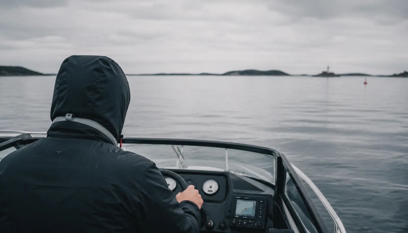 Båtfører sett bakfra som styrer en åpen båt over en rolig, vid fjord.