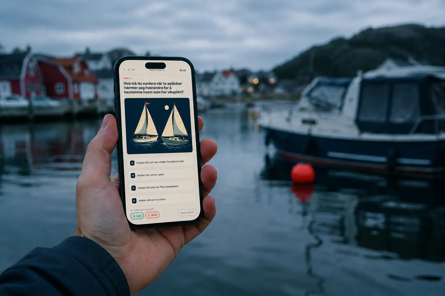 Hånd holder en mobil med en øvings-app foran en uskarp brygge og fortøyd båt.